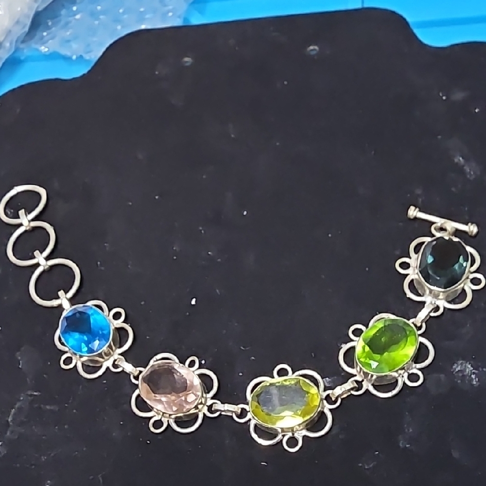 Silver 925 Multi-Gemstone Bracelet - Blue, Pink, Yellow, Green